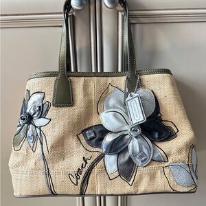 Coach Tan Tote with Silver and Black Floral Design